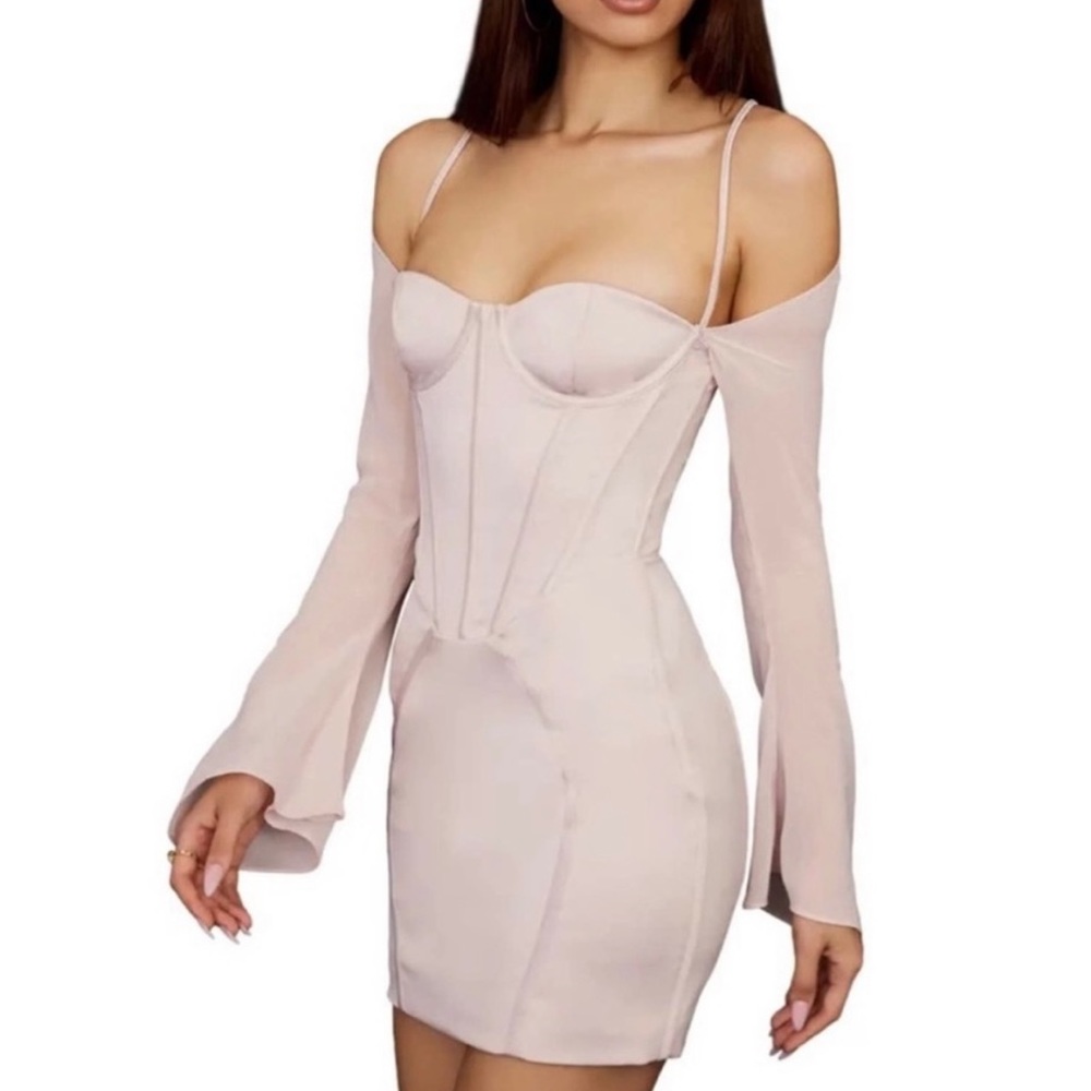 House of CB blush pink mesh sleeve corset dress